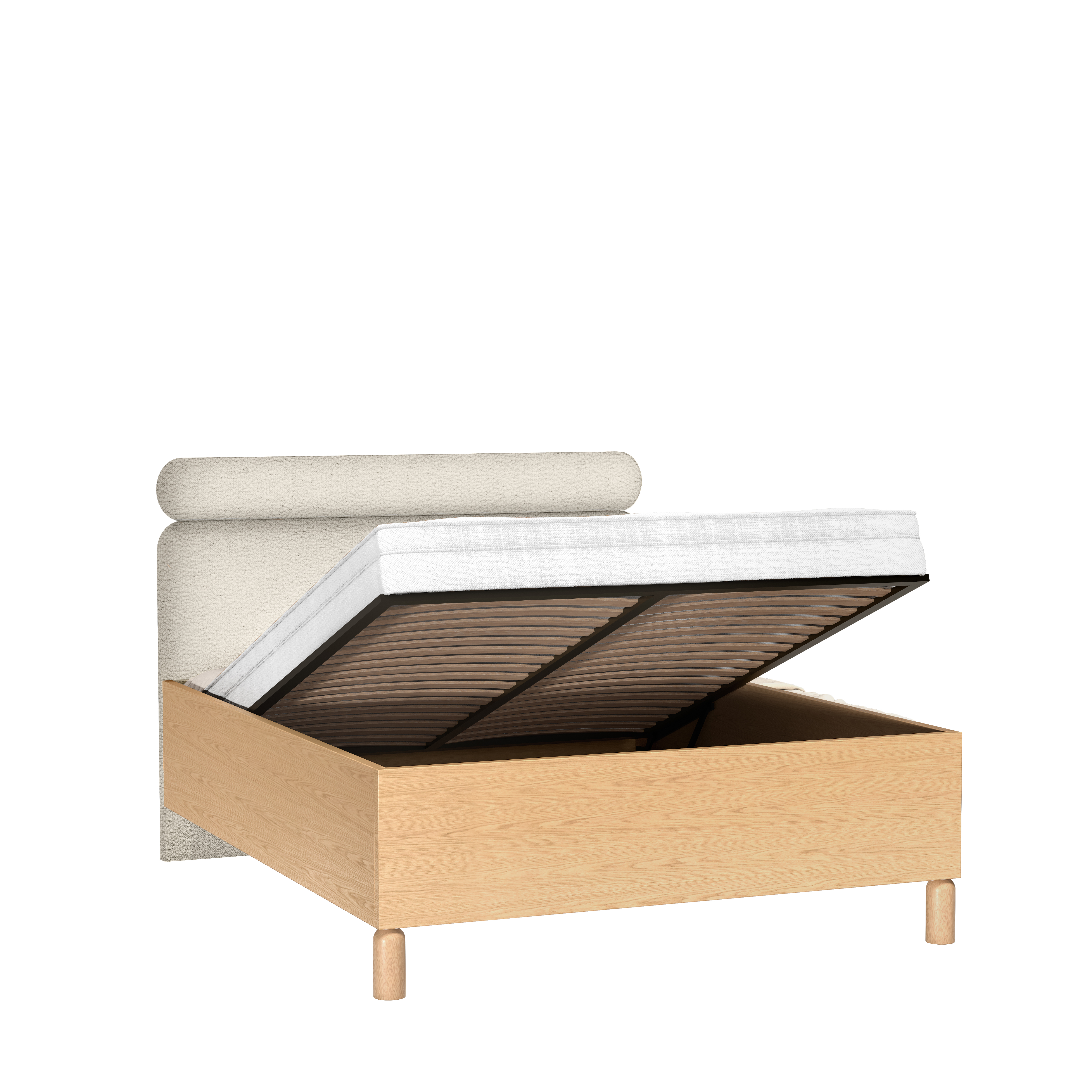 Łóżko Sanden 160×200 cm z pojemnikiem dąb bookmatch — widok z tyłu