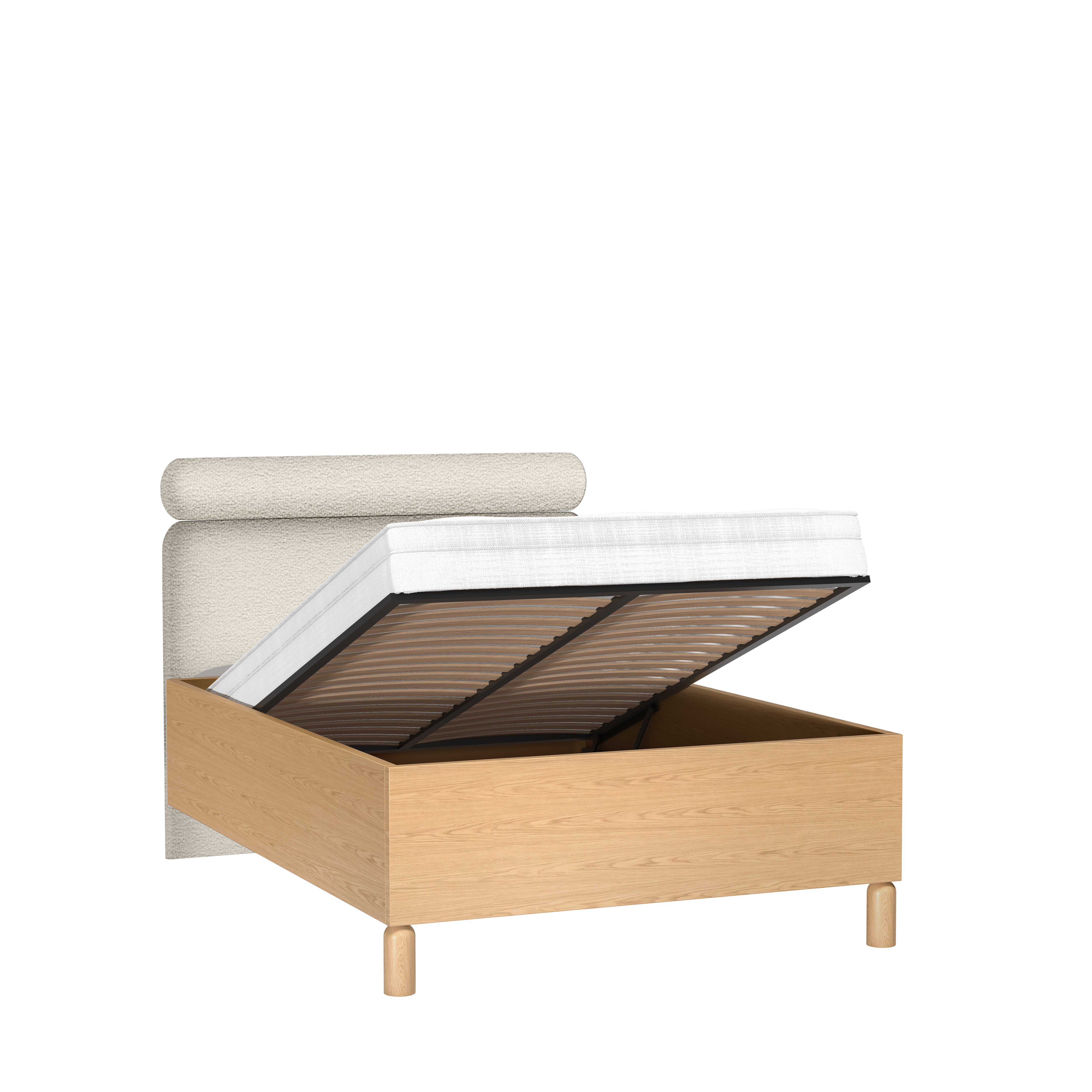 Łóżko Sanden 140×200 cm z pojemnikiem dąb bookmatch — widok z tyłu